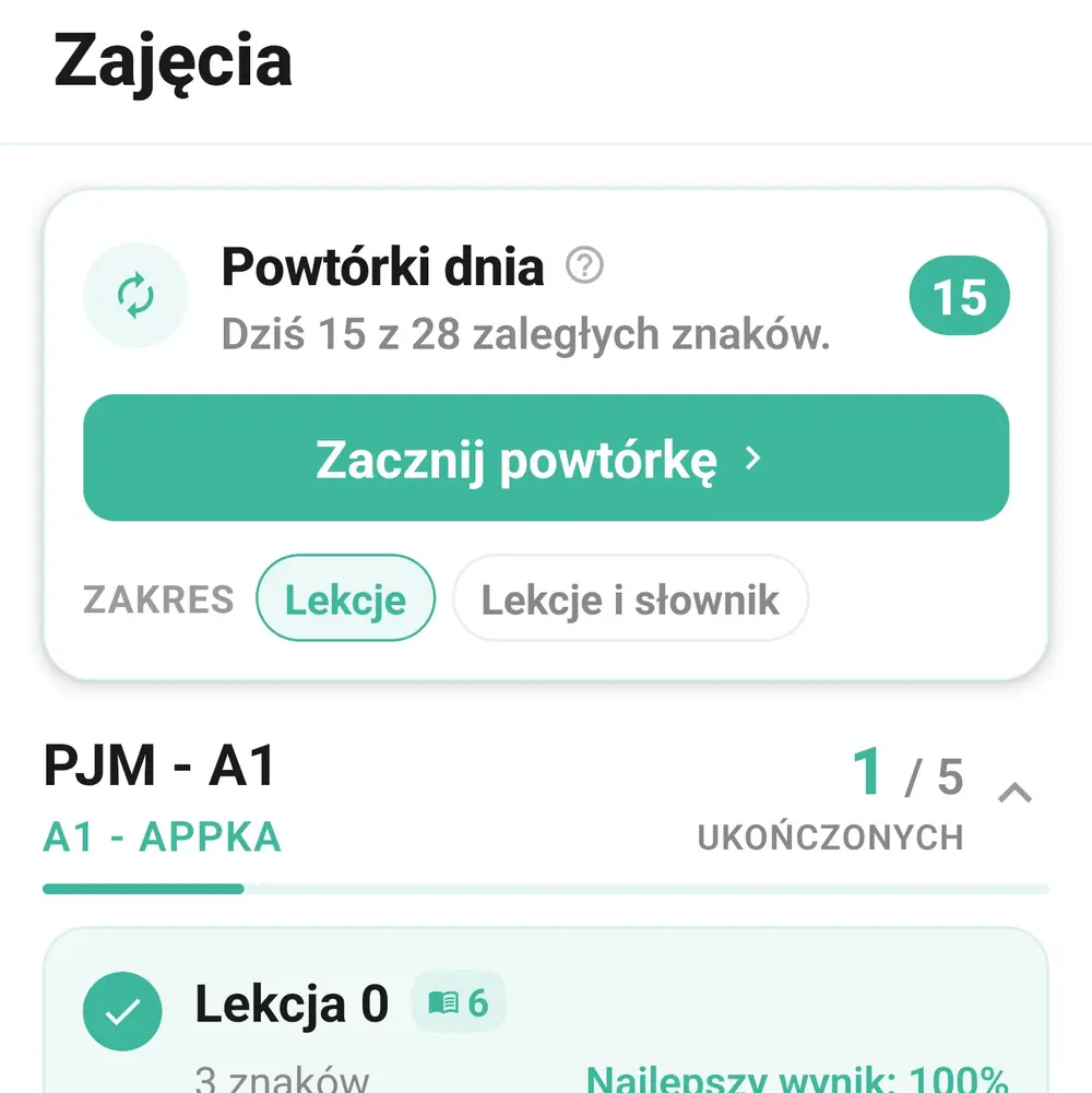 Karta Powtórki dnia w zakładce Zajęcia z licznikiem 15 zaległych znaków, przyciskiem „Zacznij powtórkę” i przełącznikiem zakresu