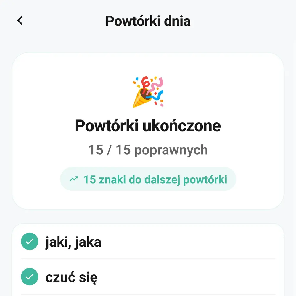 Ekran Powtórki ukończone z wynikiem 15 na 15 poprawnych i informacją o 15 znakach do dalszej powtórki