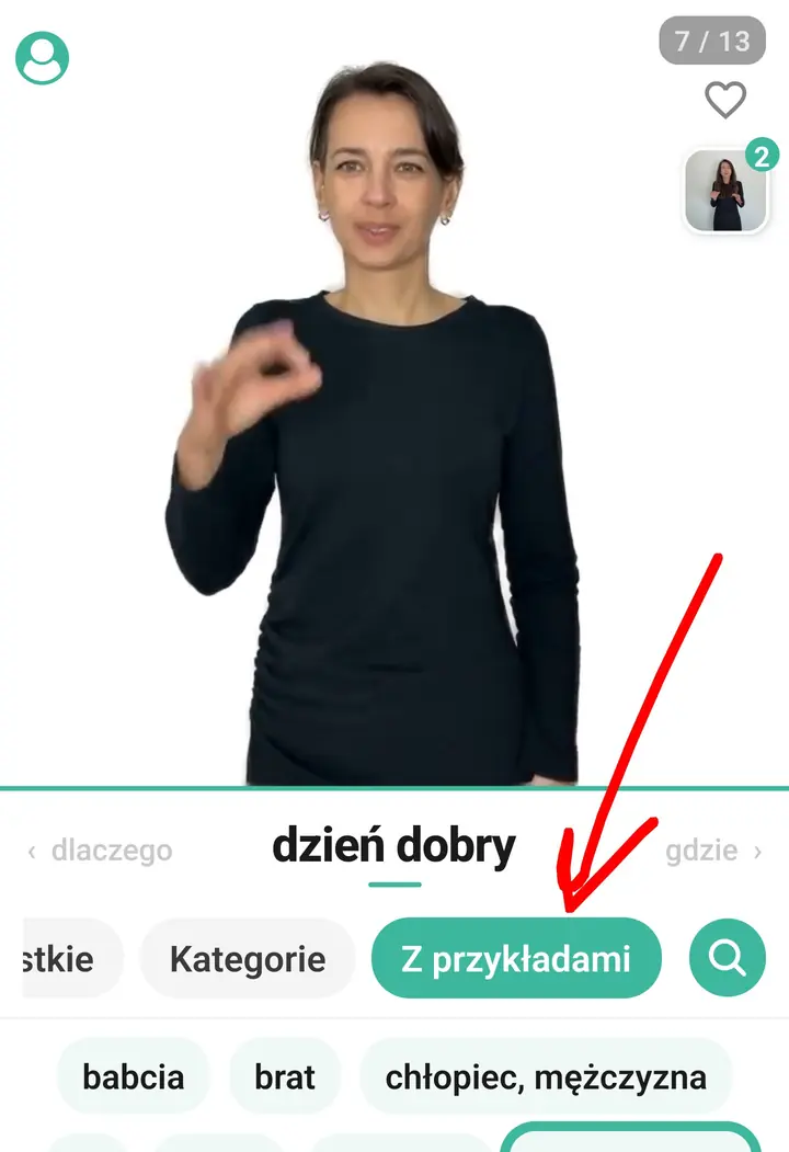 Włączony filtr Z przykładami nad listą znaków w słowniku
