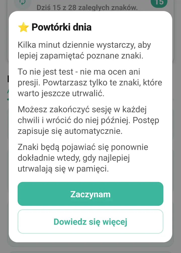 Okno wprowadzenia do Powtórek dnia z opisem zasad i przyciskami Zaczynam oraz Dowiedz się więcej